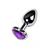 Серебристая коническая анальная пробка с фиолетовым кристаллом-сердечком - 7 см. - ToyFa - купить с доставкой в Братске