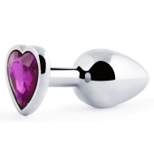 Серебристая анальная пробка с фиолетовым кристаллом-сердечком - 8 см. - Anal Jewelry Plug - купить с доставкой в Братске