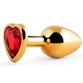 Золотистая анальная пробка с красным стразом-сердечком - 8 см. - Anal Jewelry Plug - купить с доставкой в Братске