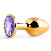 Золотистая анальная пробка с фиолетовым стразом - 7,2 см. - Anal Jewelry Plug - купить с доставкой в Братске
