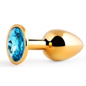 Золотистая анальная пробка с голубым стразом - 7,2 см. - Anal Jewelry Plug - купить с доставкой в Братске