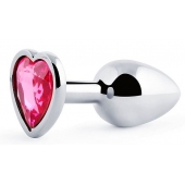 Серебристая анальная пробка с розовым кристаллом-сердечком - 7 см. - Anal Jewelry Plug - купить с доставкой в Братске
