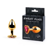 Золотистая анальная пробка с малиновым кристаллом-сердечком - 7 см. - Anal Jewelry Plug - купить с доставкой в Братске