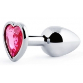 Серебристая анальная пробка с малиновым кристаллом-сердечком - 7 см. - Anal Jewelry Plug - купить с доставкой в Братске