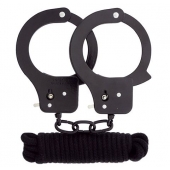 Чёрные наручники из листового металла в комплекте с веревкой BONDX METAL CUFFS LOVE ROPE SET - Dream Toys - купить с доставкой в Братске