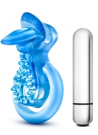 Голубое эрекционное виброкольцо 10 Function Vibrating Tongue Ring - Blush Novelties - в Братске купить с доставкой