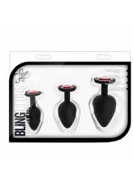 Набор черных анальных пробок с красным кристаллом-сердечком Bling Plugs Training Kit - Blush Novelties - купить с доставкой в Братске