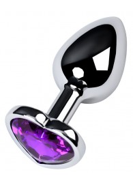 Серебристая коническая анальная пробка с фиолетовым кристаллом-сердечком - 7 см. - ToyFa - купить с доставкой в Братске
