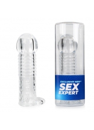 Прозрачная рельефная насадка-реалистик с петлей для мошонки - 13,5 см. - Sex Expert - в Братске купить с доставкой