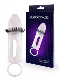 Закрытая насадка на пенис с подхватом мошонки и стимулирующими «ресничками» - Sextaz - в Братске купить с доставкой