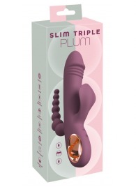 Сливовый вибратор с клиторальным отростком и анальным хвостом Slim Triple Plum - 21,4 см. - Orion