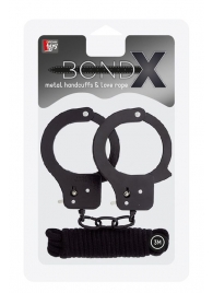 Чёрные наручники из листового металла в комплекте с веревкой BONDX METAL CUFFS LOVE ROPE SET - Dream Toys - купить с доставкой в Братске