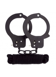 Чёрные наручники из листового металла в комплекте с веревкой BONDX METAL CUFFS LOVE ROPE SET - Dream Toys - купить с доставкой в Братске