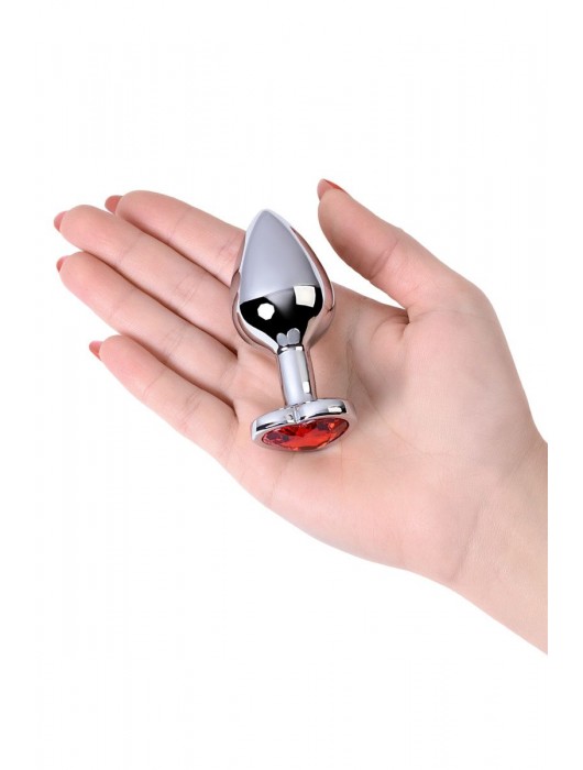 Серебристая коническая анальная пробка с красным кристаллом-сердечком - 7 см. - ToyFa - купить с доставкой в Братске