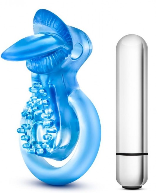 Голубое эрекционное виброкольцо 10 Function Vibrating Tongue Ring - Blush Novelties - в Братске купить с доставкой