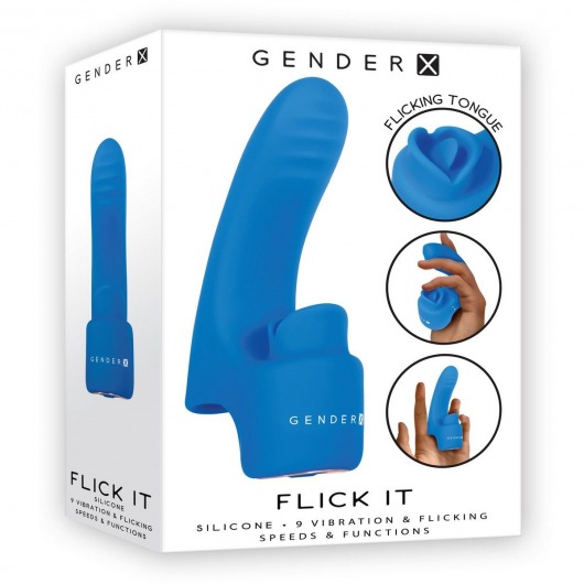 Синяя вибронасадка на палец с подвижным язычком Flick It - Gender X