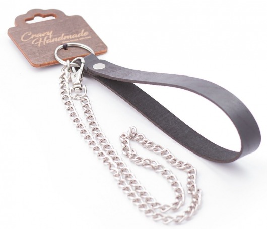 Серебристый металлический поводок с кожаной черной ручкой - 80 см. - Crazy Handmade - купить с доставкой в Братске