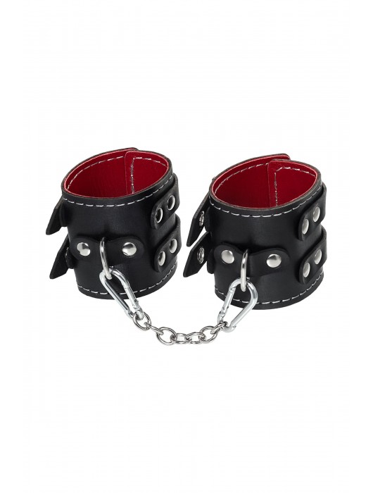 Черные кожаные наручники с двумя ремнями и красной подкладкой - Pecado - купить с доставкой в Братске