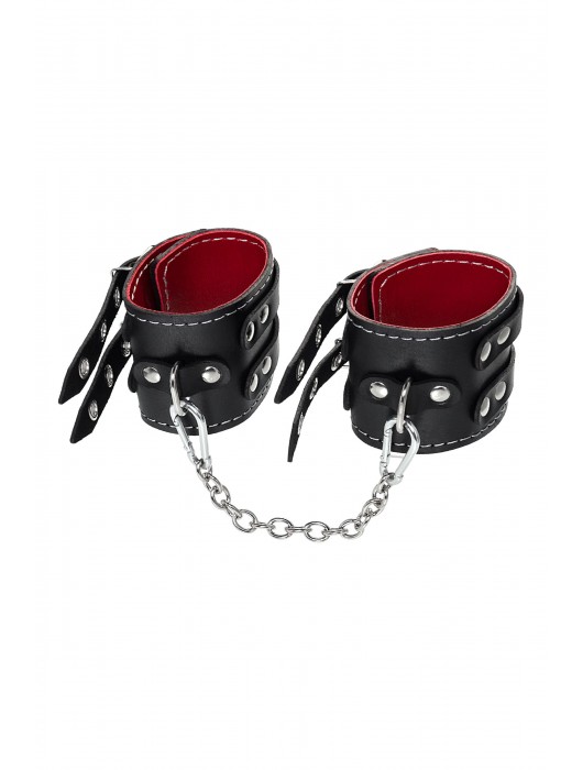 Черные кожаные оковы с двумя ремнями и красной подкладкой - Pecado - купить с доставкой в Братске