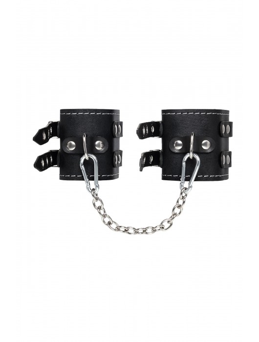 Черные кожаные оковы с двумя ремнями и красной подкладкой - Pecado - купить с доставкой в Братске