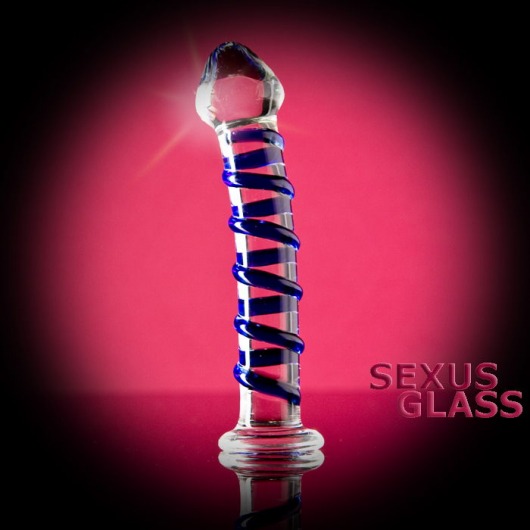 Фаллоимитатор из стекла с синей спиралью - 18 см. - Sexus купить с доставкой в интернет-магазине Orgasmix в Братске Фаллоимитатор из стекла с синей спиралью - 18 см. - Sexus