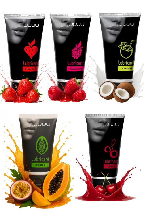 Набор из 5 съедобных лубрикантов JUJU (клубника, малина, тропические фрукты, вишня, кокос) - JuJu - купить с доставкой в Братске